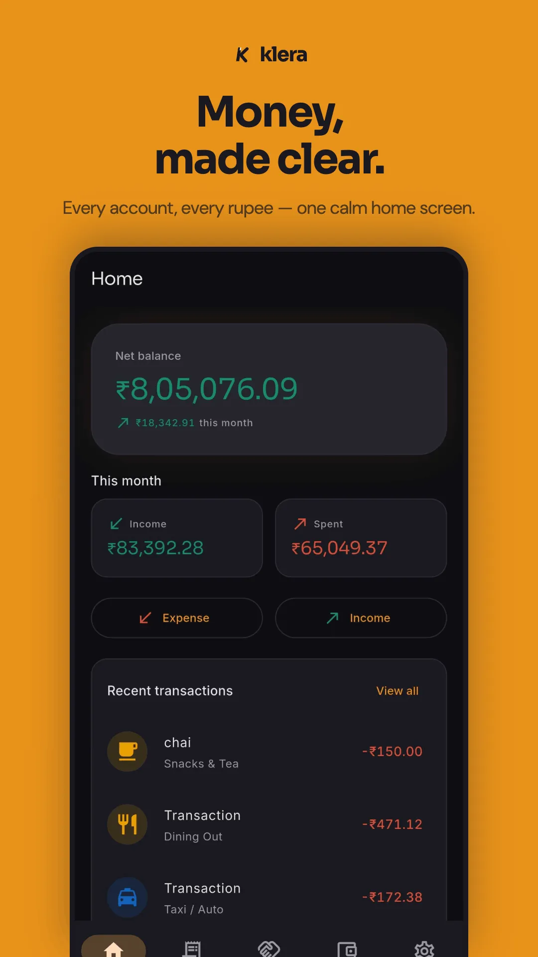 Klera offline expense tracker dashboard showing net balance, monthly income and spending