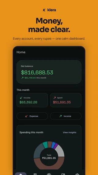 Klera store screenshot — “Money, made clear”: the home dashboard with net balance, monthly income and spending.