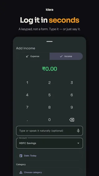 Klera store screenshot — adding an expense in seconds with the amount-first quick add sheet.