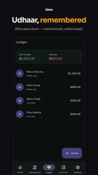 Klera store screenshot — “Udhaar, remembered”: the IOU ledger showing who owes you and who you owe.
