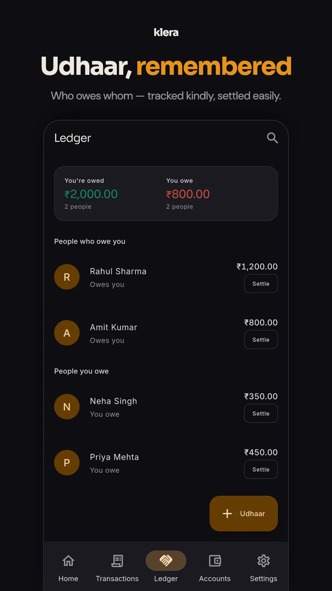 Udhaar tracker app ledger in Klera showing who owes you and who you owe, per person