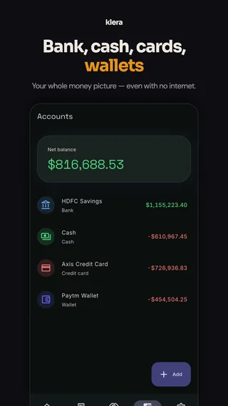 Klera store screenshot — all accounts in one place: cash, bank, UPI wallets and cards.